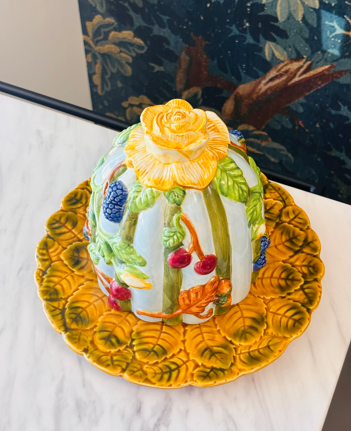 Vintage French Majolica-Style Cheese Dome & Plate – Fruit & Floral Design