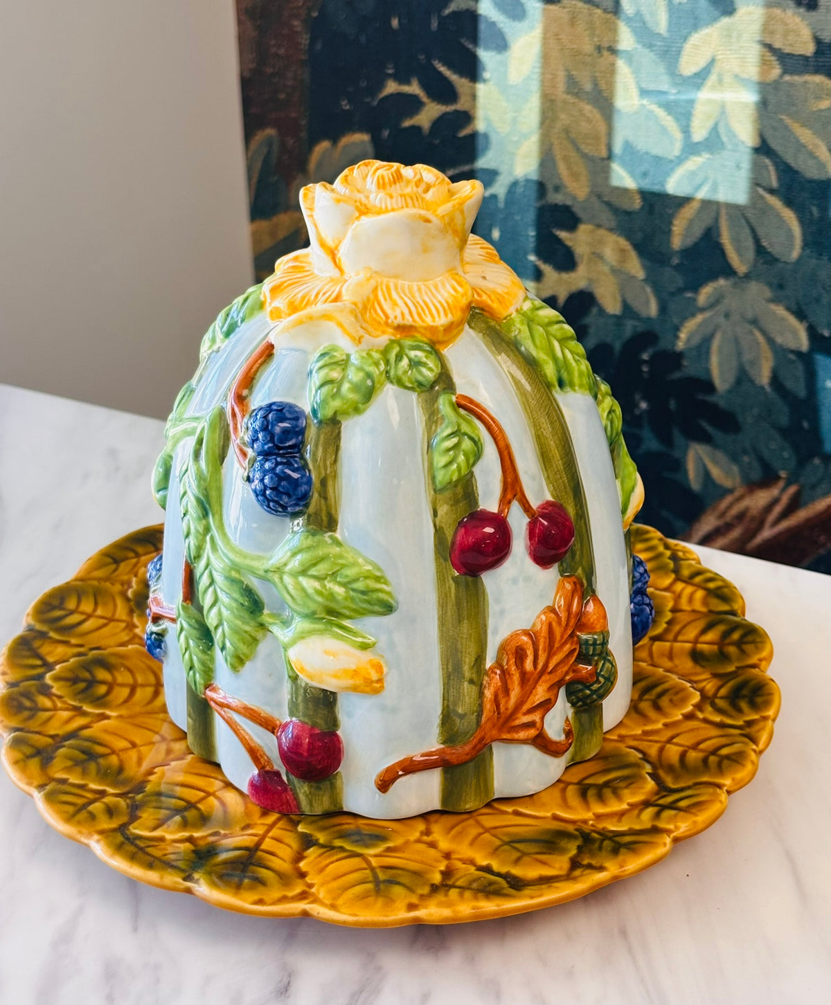 Vintage French Majolica-Style Cheese Dome & Plate – Fruit & Floral Design