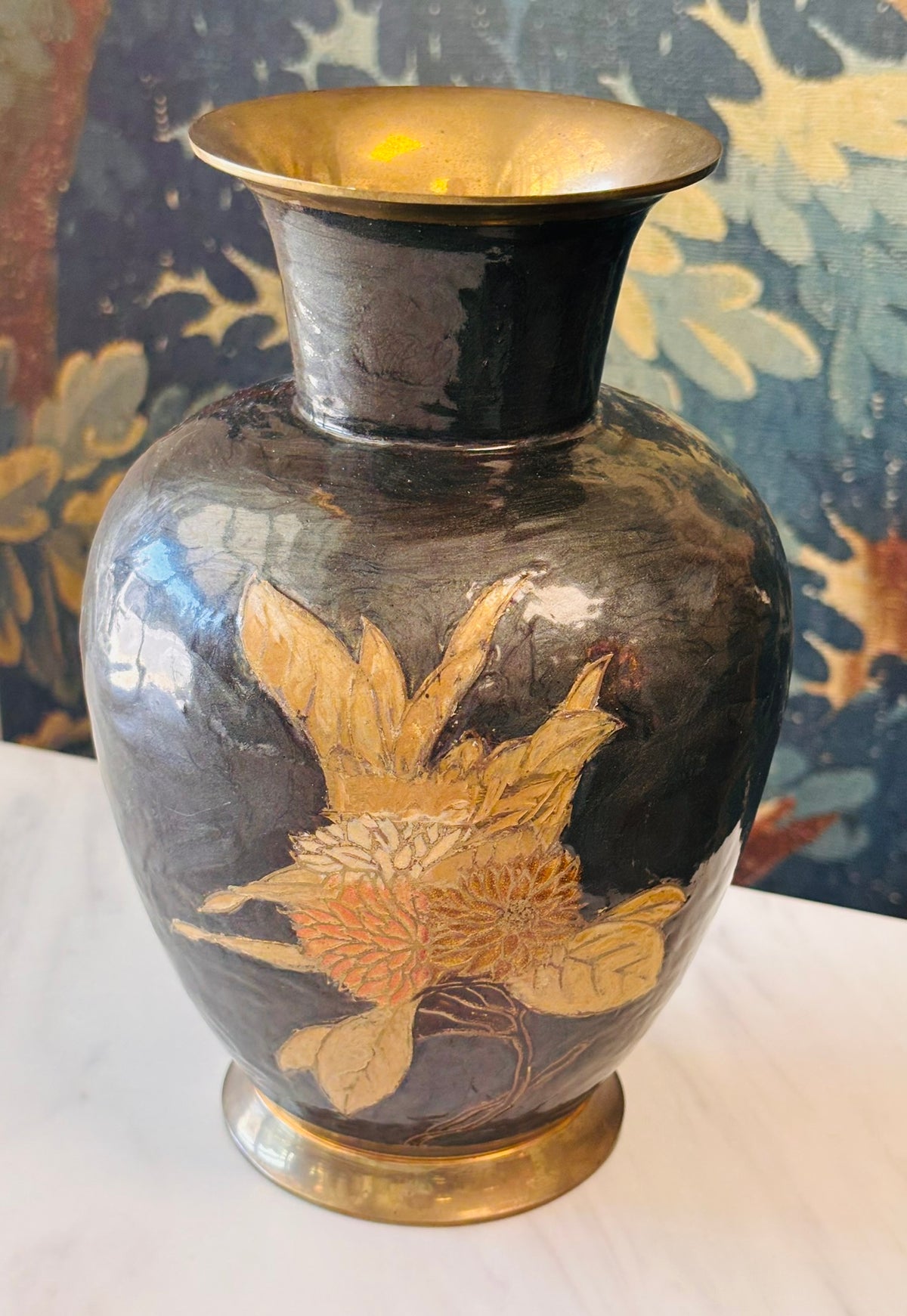 Vintage Dark Green Enamel Floral Vase with Brass Accents – 9"