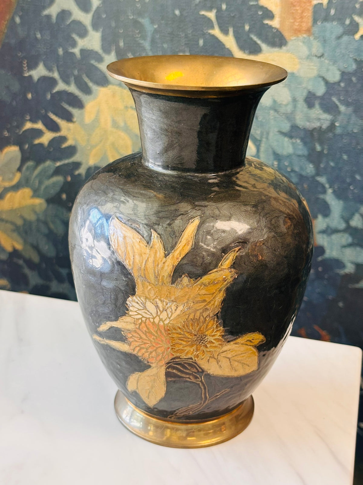 Vintage Dark Green Enamel Floral Vase with Brass Accents – 9"