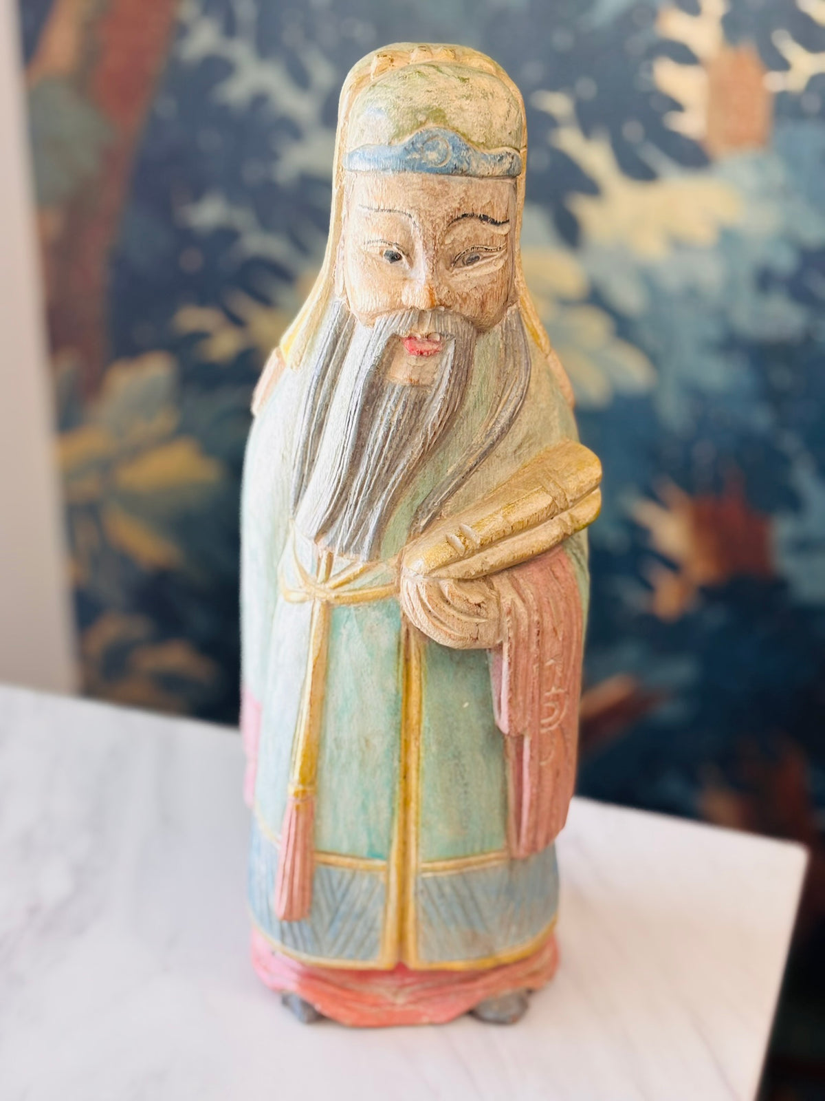 Vintage Hand-Carved Asian Scholar Figurine – Painted Wood – 12"