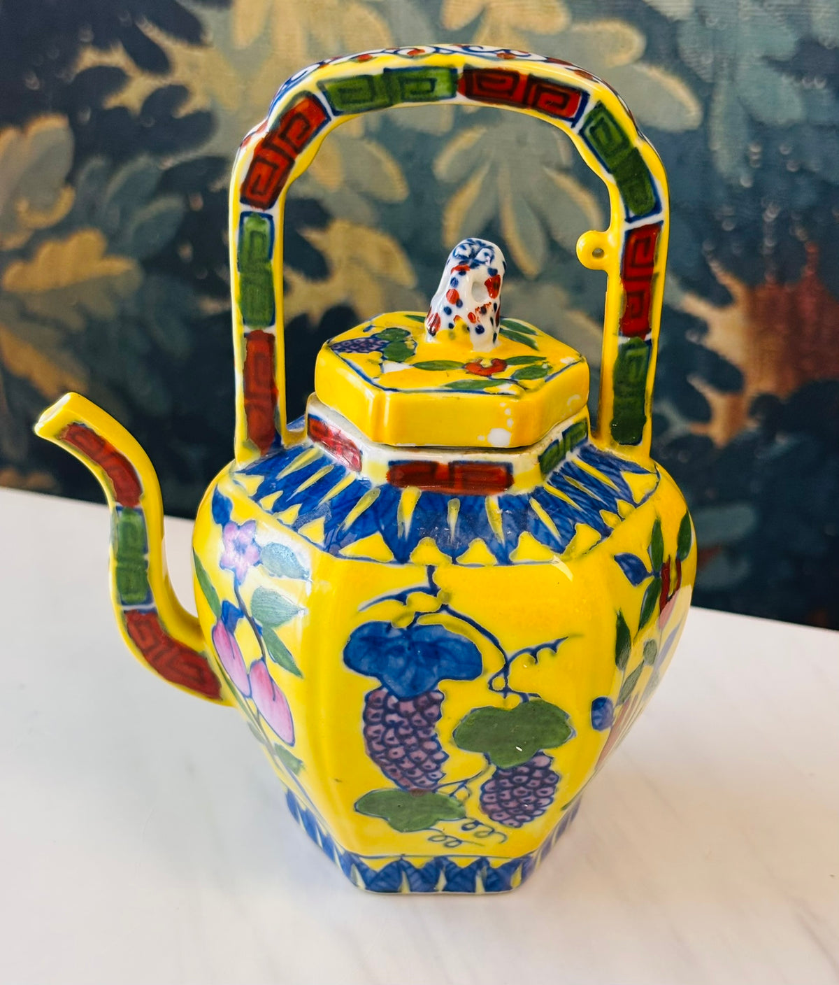 Vintage Yellow Japanese Floral & Fruit Teapot – 6.75"