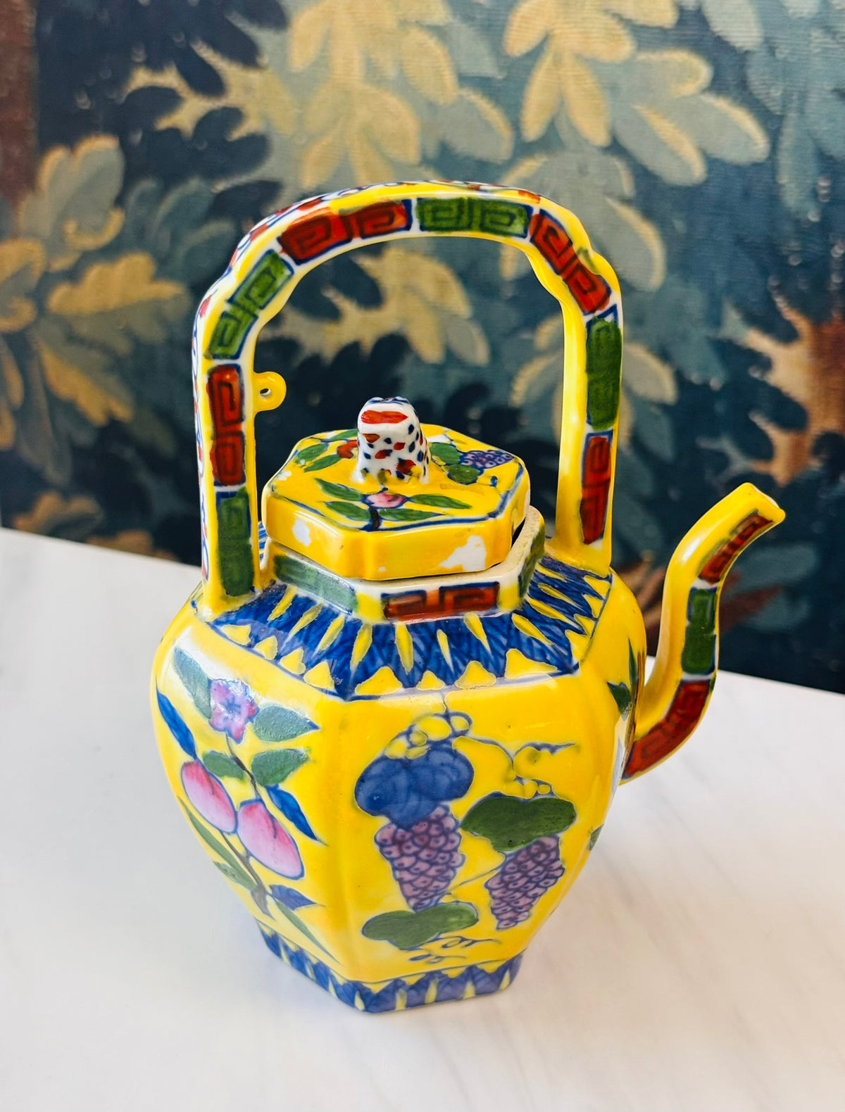 Vintage Yellow Japanese Floral & Fruit Teapot – 6.75"