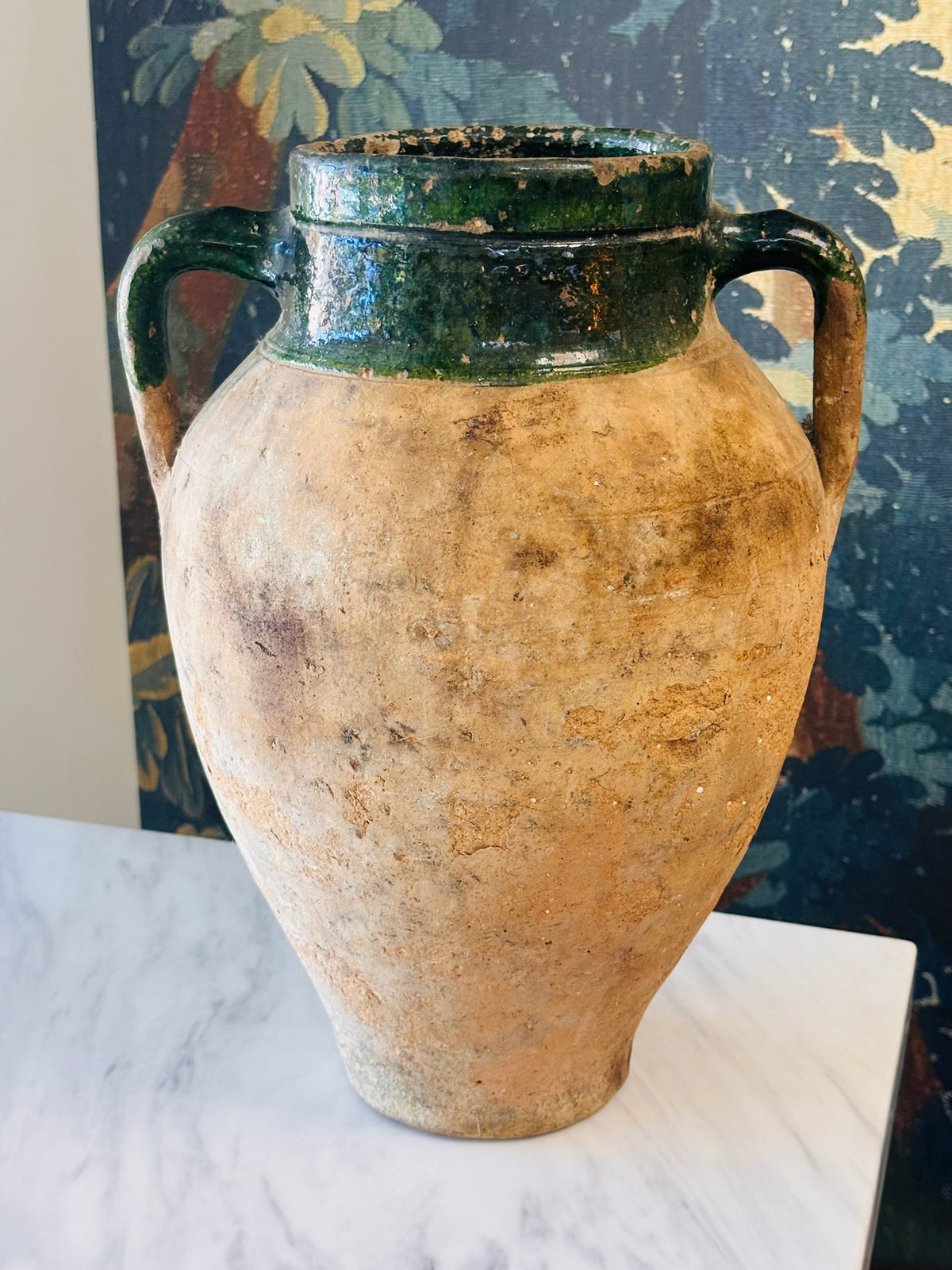 Vintage Rustic Two-Handled Olive Jar with Green Glaze – 13"