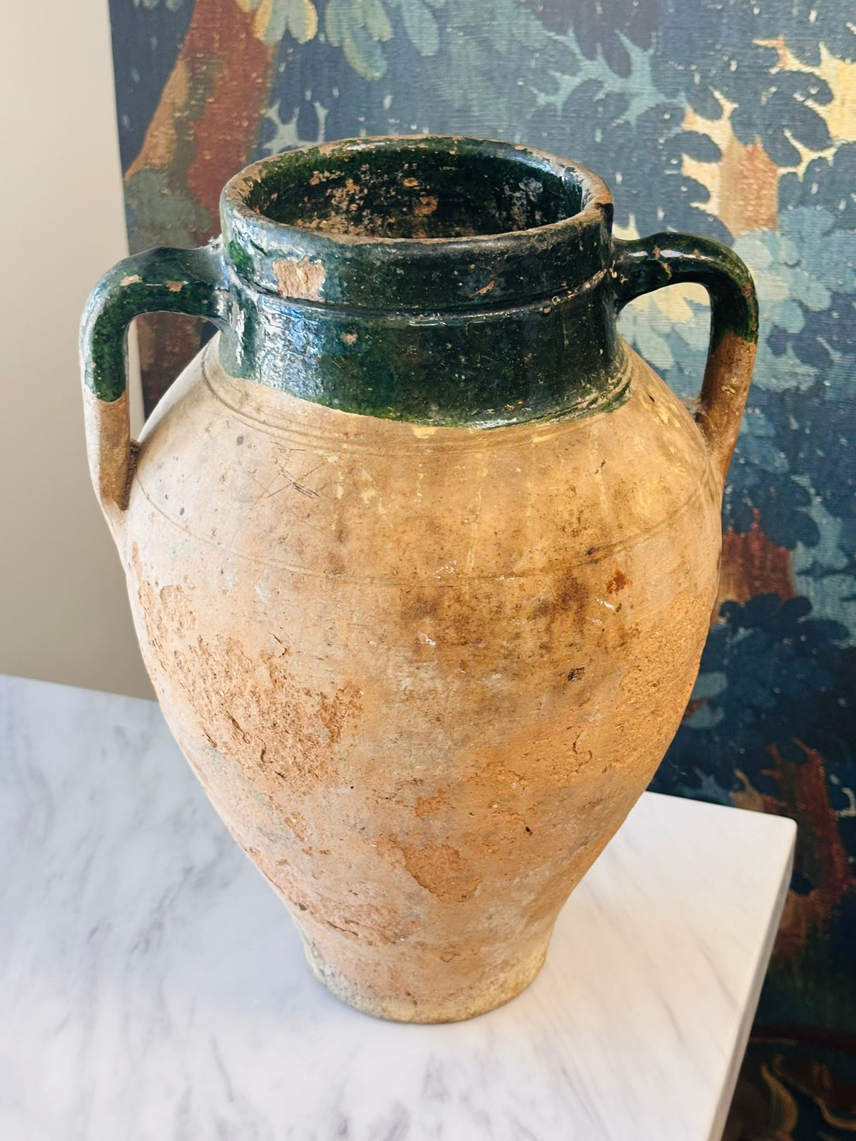 Vintage Rustic Two-Handled Olive Jar with Green Glaze – 13"