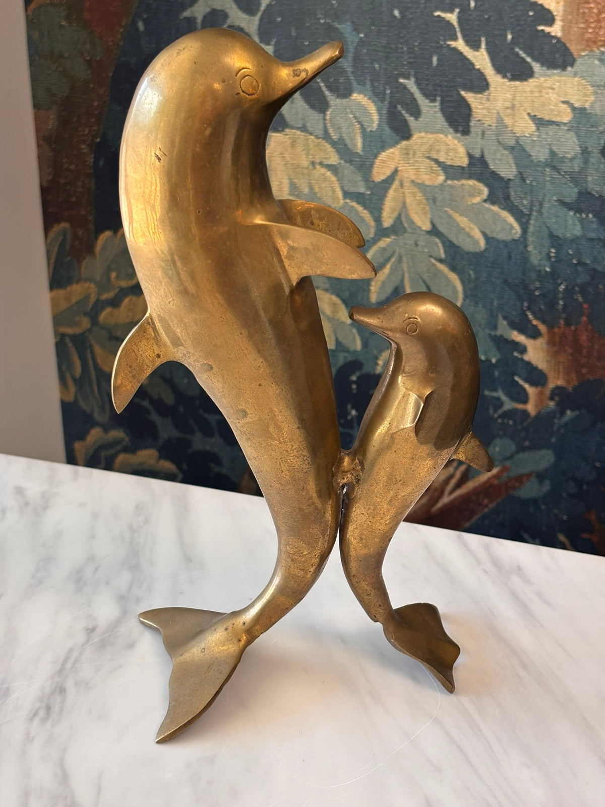 Vintage Brass Dolphin Sculpture – Pair of Swimming Dolphins – 11.5"