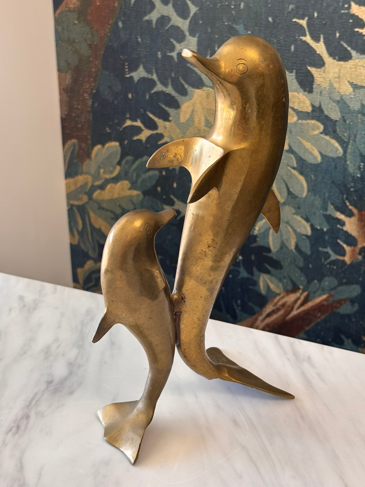 Vintage Brass Dolphin Sculpture – Pair of Swimming Dolphins – 11.5"
