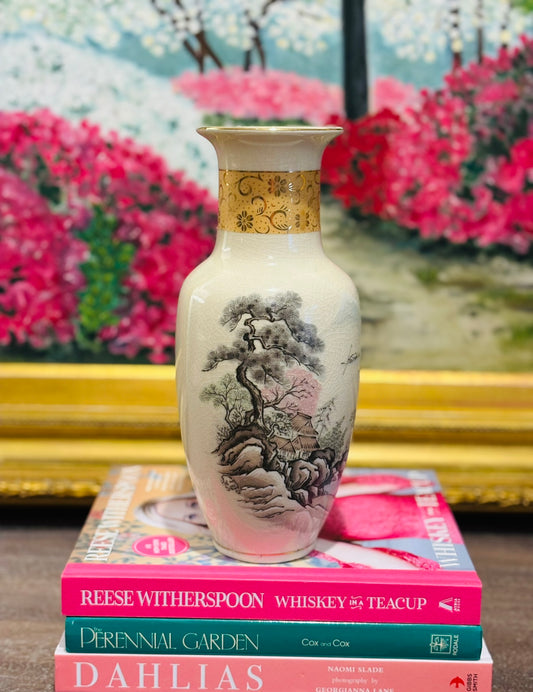 Muted pastel and cream Japanese chinoiserie vase 10 x 4