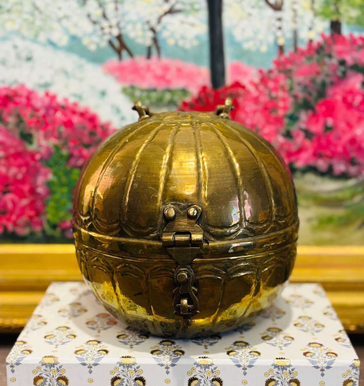 Vintage Hand-Hammered Brass Lidded Globe Box 8 x 9