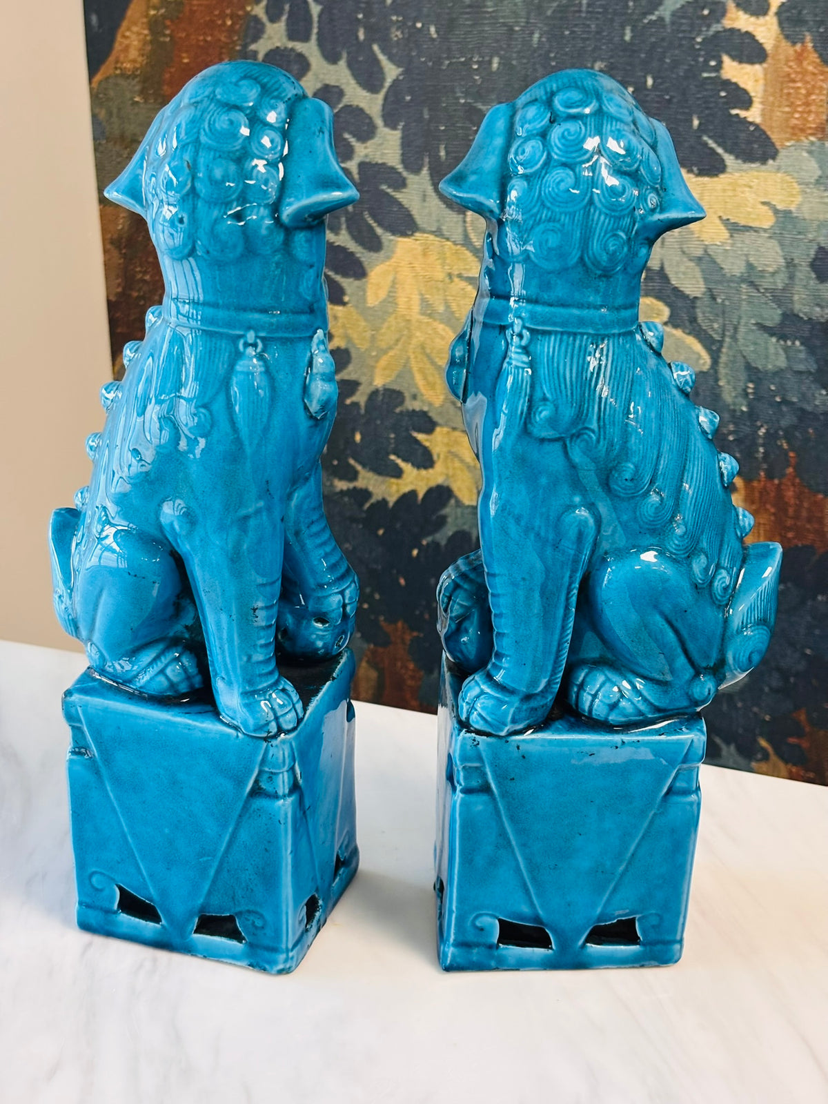 Pair of Vintage Turquoise Ceramic Foo Dogs – 13"