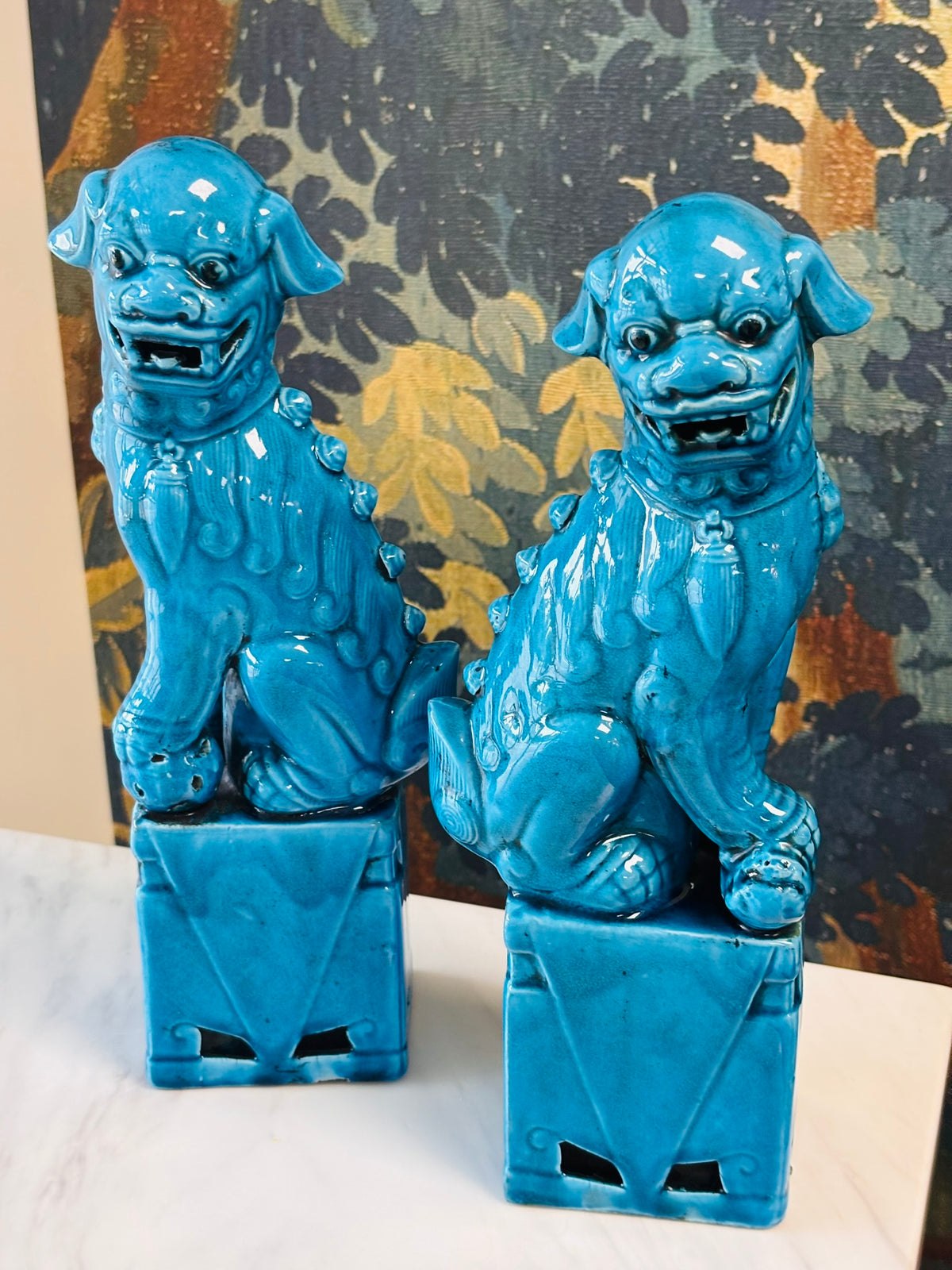 Pair of Vintage Turquoise Ceramic Foo Dogs – 13"