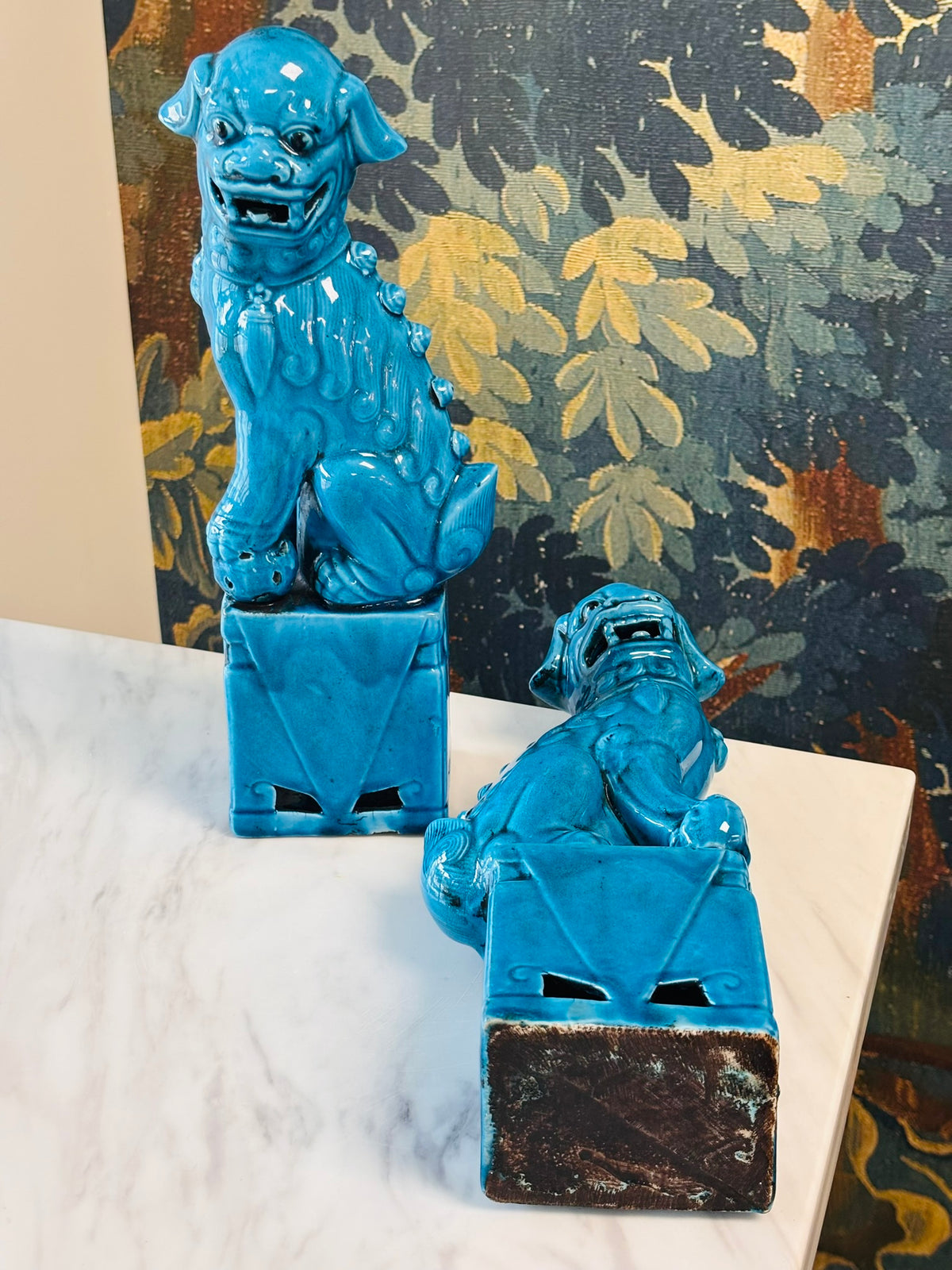 Pair of Vintage Turquoise Ceramic Foo Dogs – 13"