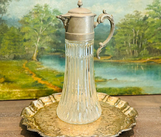 Tall pewter pressed glass FB Rogers 2 qt pitcher 14 inches x 6 w