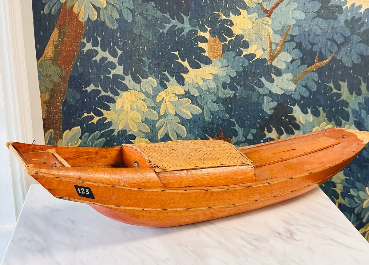 Vintage Large Wooden Sampan Boat Model with Woven Canopy – 29.75"