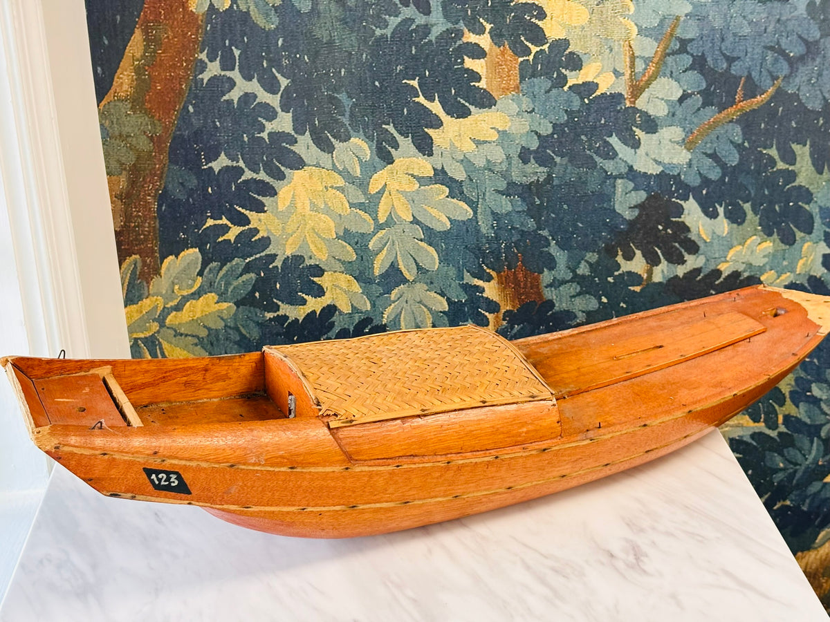 Vintage Large Wooden Sampan Boat Model with Woven Canopy – 29.75"