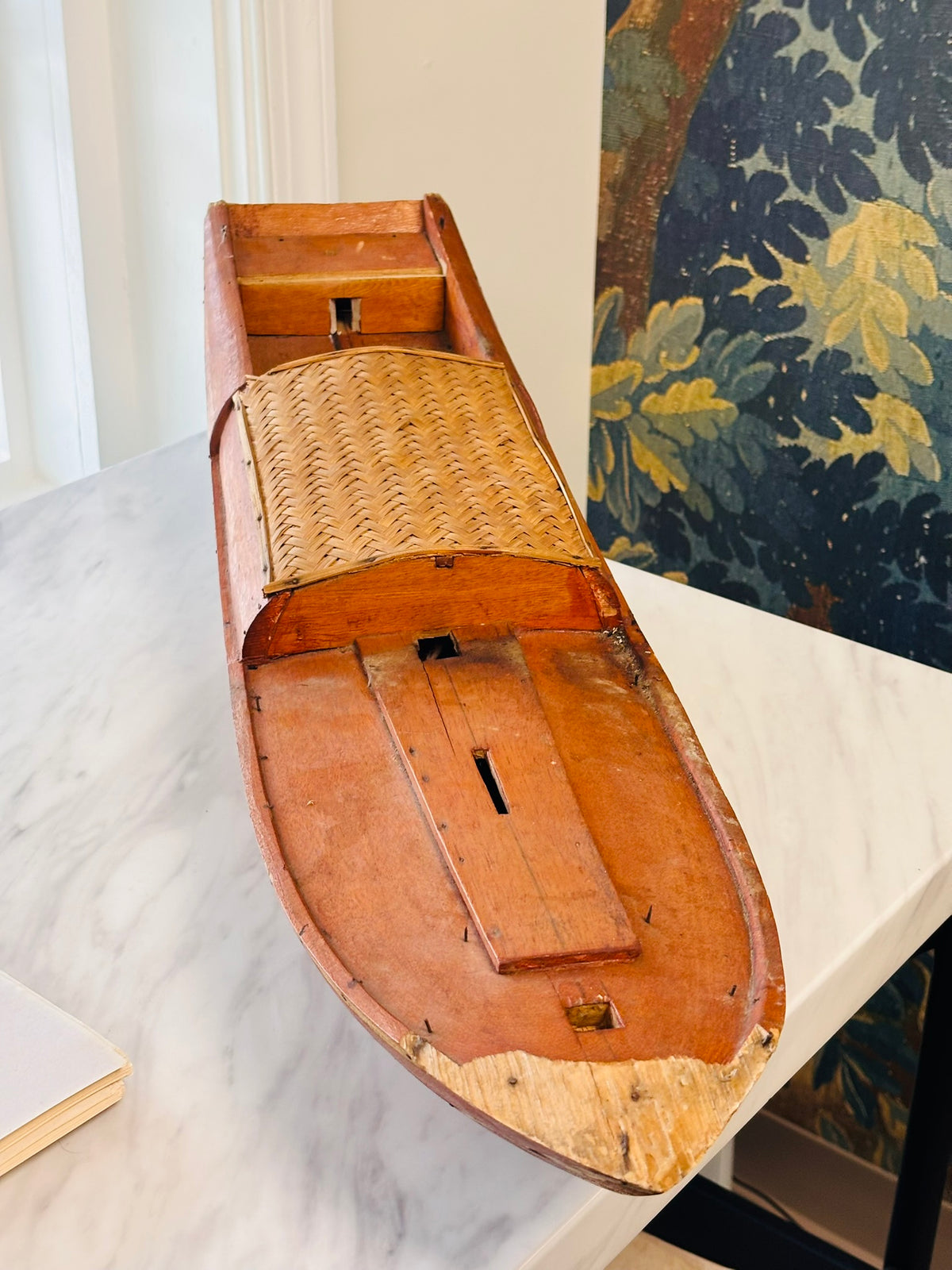 Vintage Large Wooden Sampan Boat Model with Woven Canopy – 29.75"