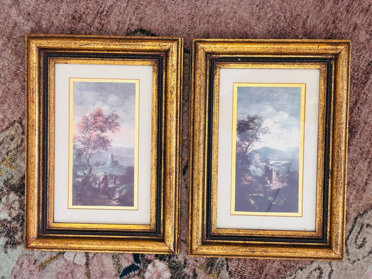 Pair Vintage European Landscape Prints in Gilt Frames – 12" x 8.75"