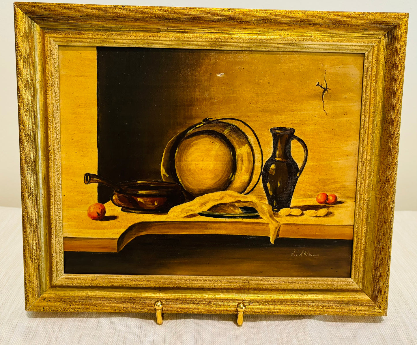 Matte piece with pots and fruit and gold 12.5 w x 10.5 h signed print