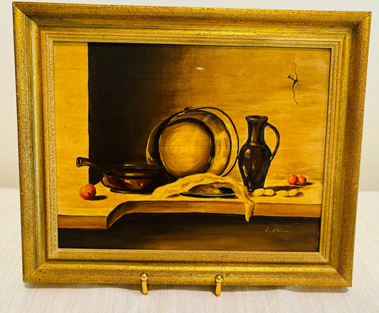Matte piece with pots and fruit and gold 12.5 w x 10.5 h signed print