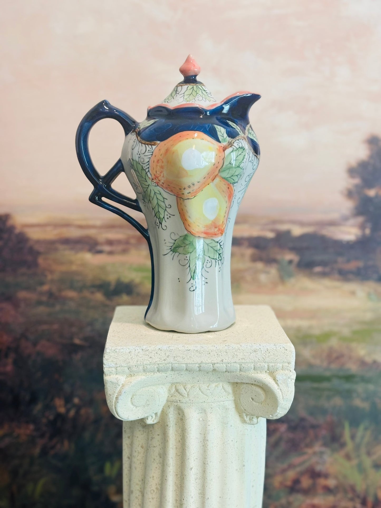 Hand painted vintage lemons and blue fruit teapot  6.5 w 10 h 5.5 d