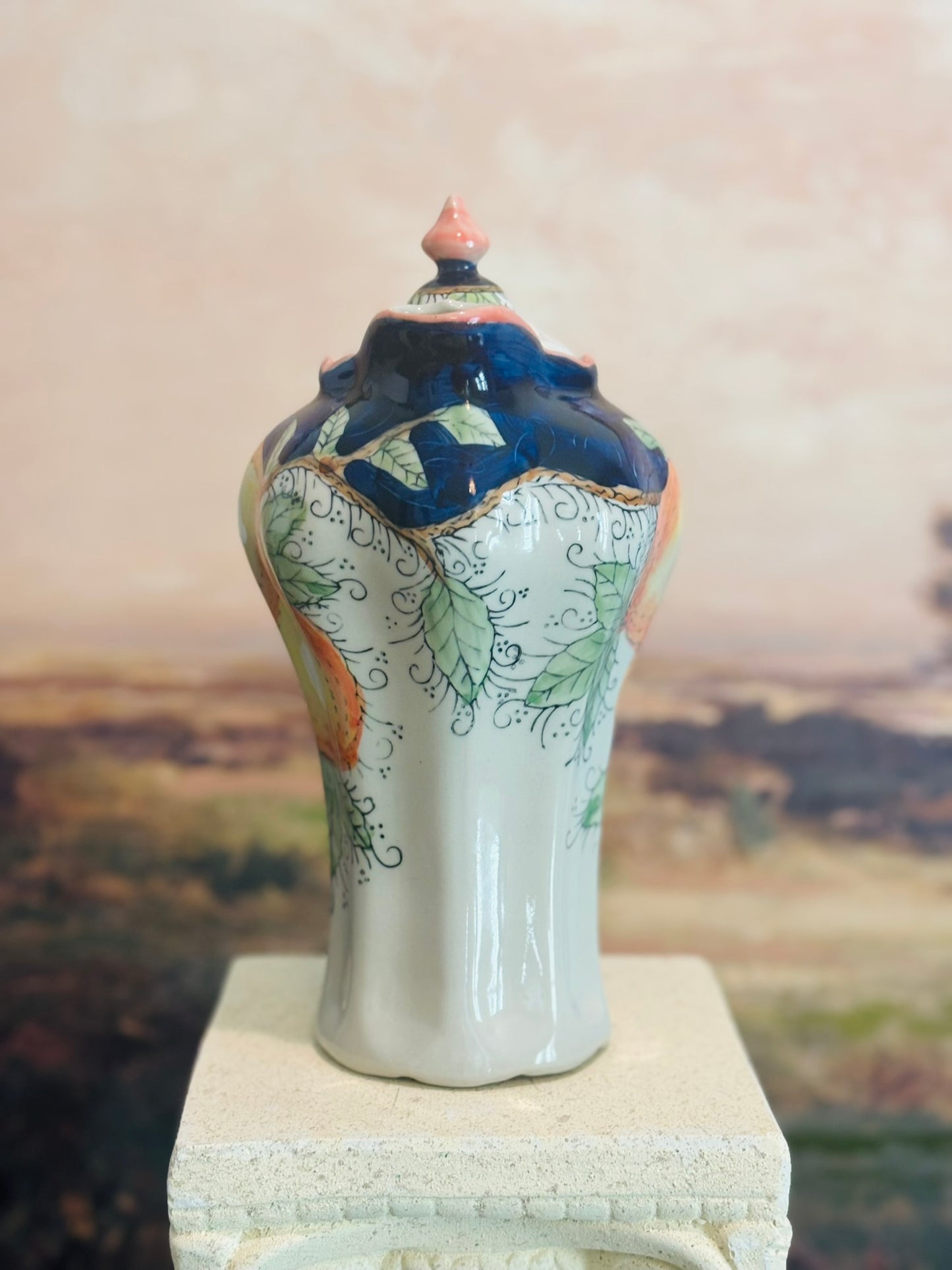 Hand painted vintage lemons and blue fruit teapot  6.5 w 10 h 5.5 d