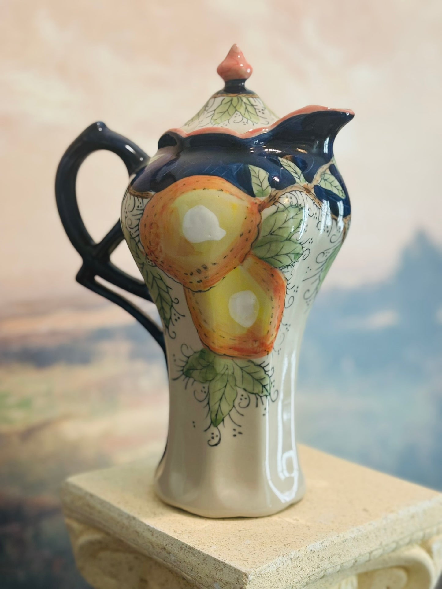 Hand painted vintage lemons and blue fruit teapot  6.5 w 10 h 5.5 d