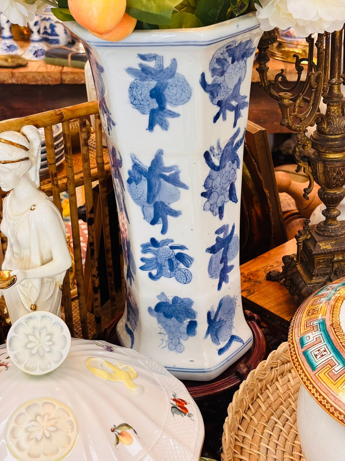 Vintage Blue & White Fruit Motif Porcelain Vase – 15"