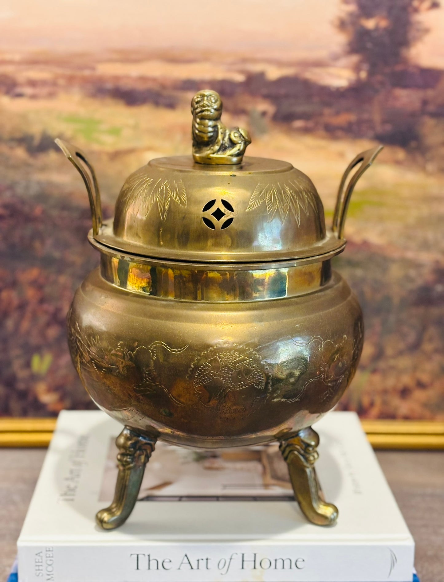 Large Brass Foo Incense Burner footed  9.5 x 12.5 x 8.5 d