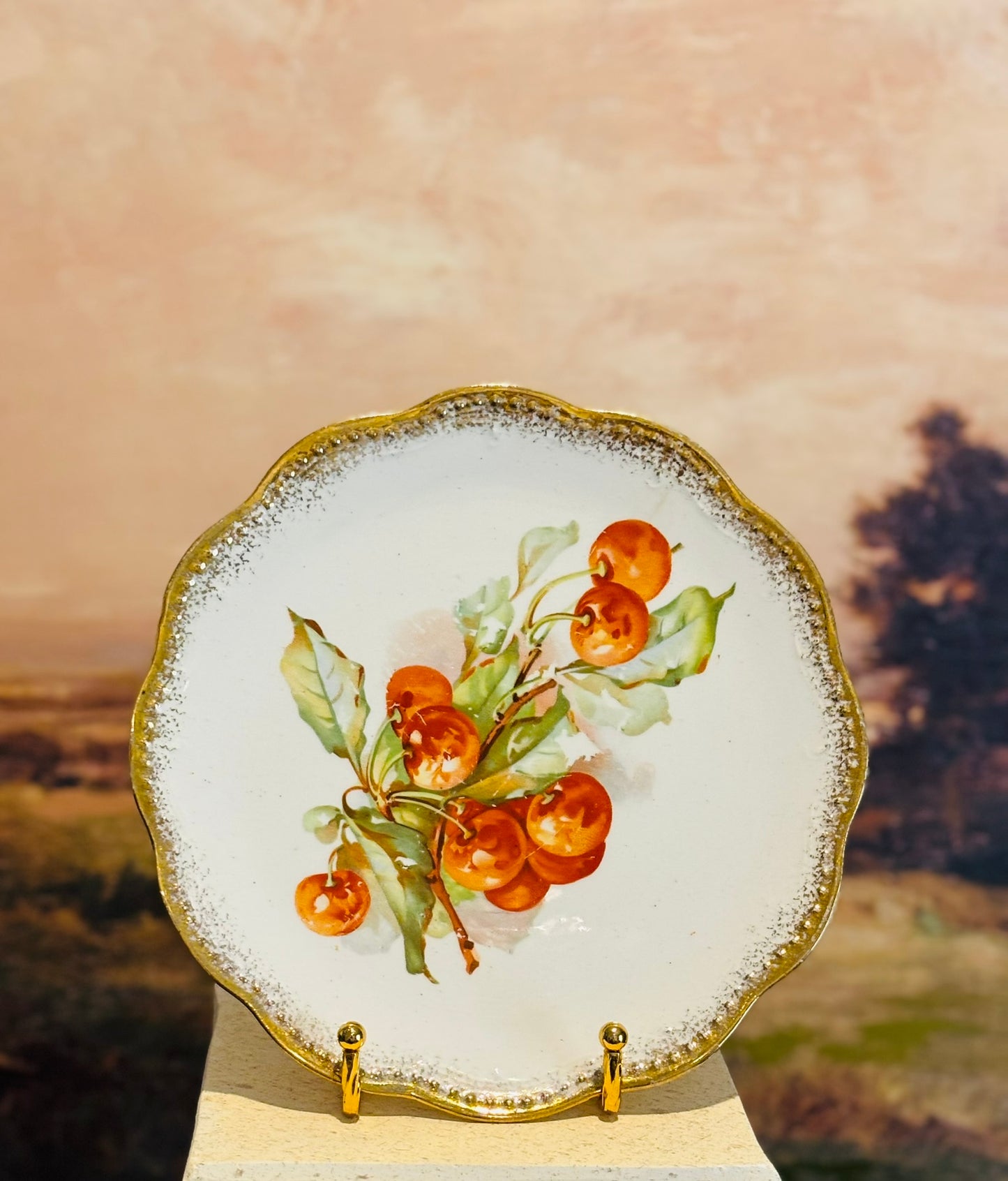 Set of 4 Vintage Cherry Plates 8 inches Smith Phillips Victorian gold trim