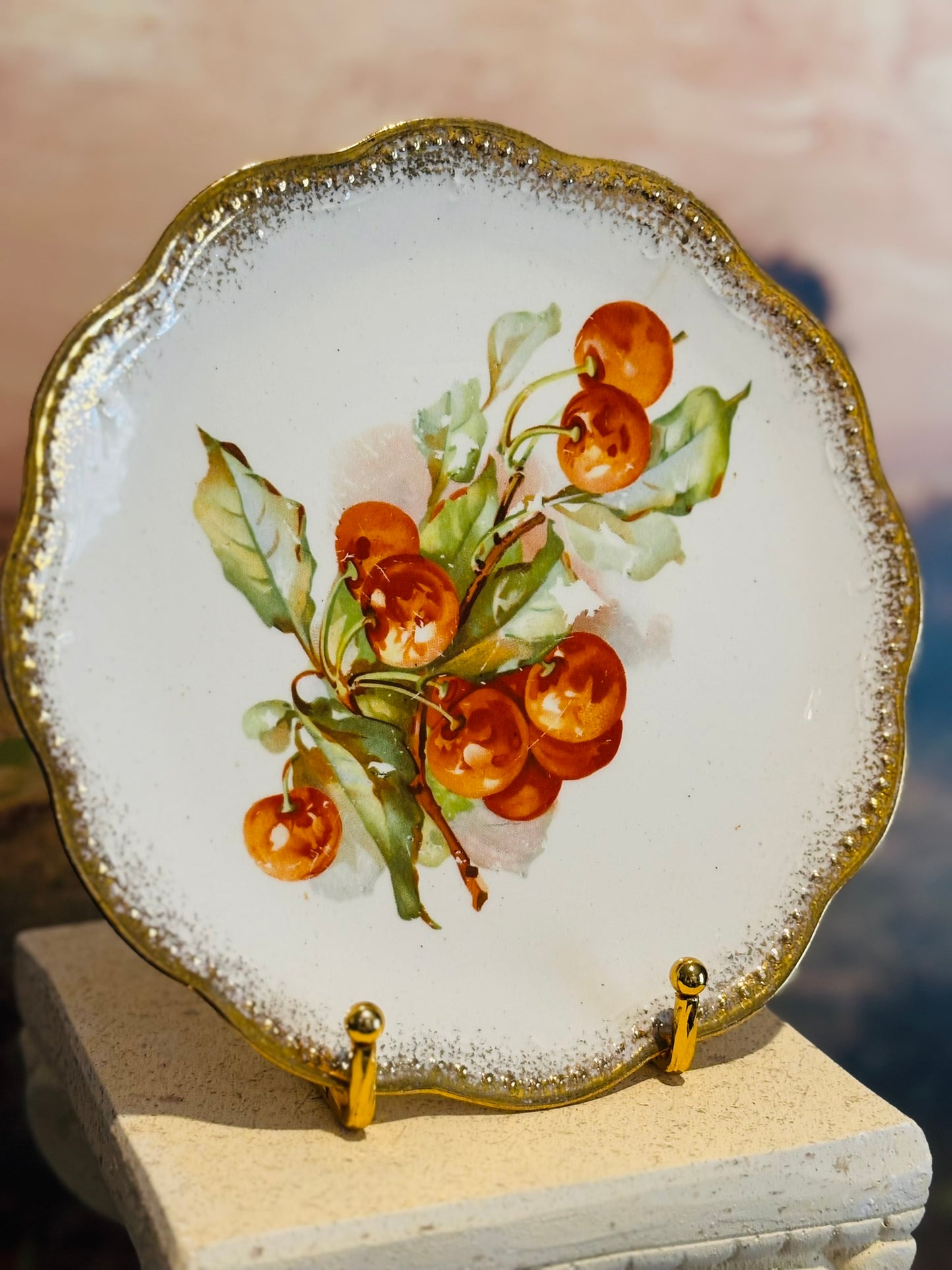 Set of 4 Vintage Cherry Plates 8 inches Smith Phillips Victorian gold trim