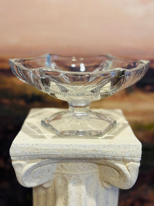 Crystal hexagon pedestal dish w/intricate lines and floral etching 7.5 w x 3.5 h