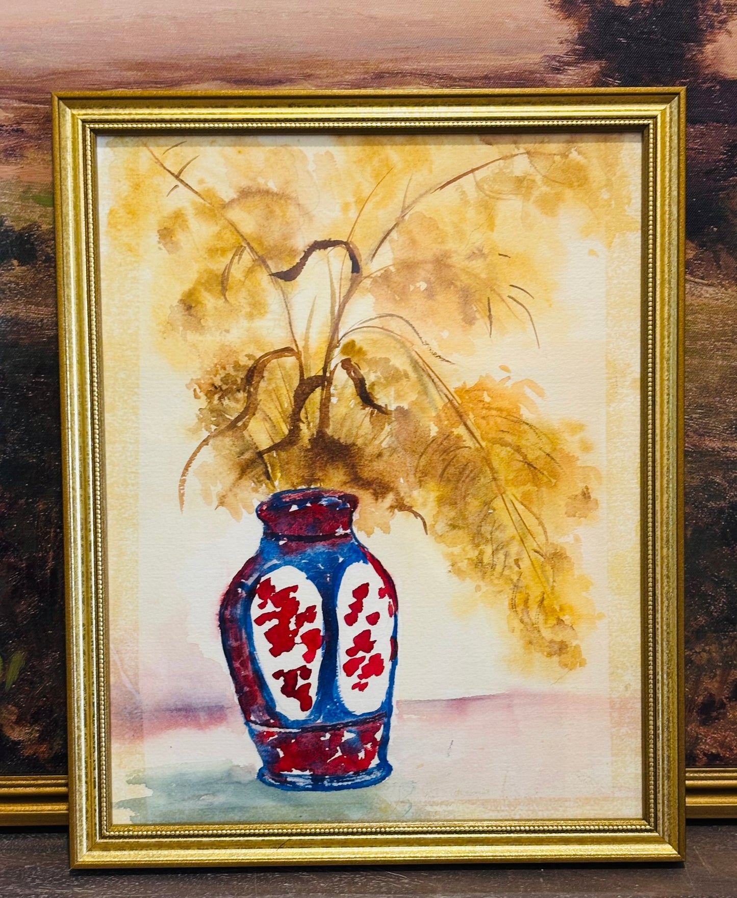 Framed blue vase watercolor  12 x 15 x 1