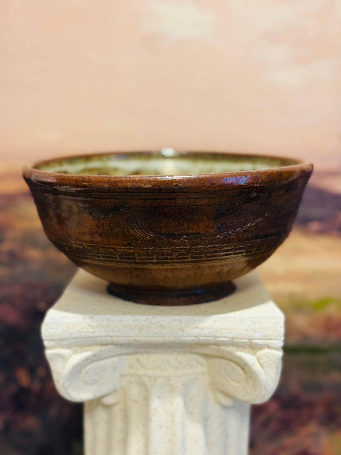 Brown glaze pottery pedestal bowl 8 w/d 4 h