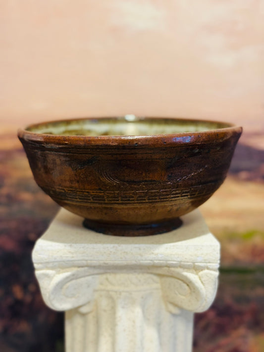Brown glaze pottery pedestal bowl 8 w/d 4 h
