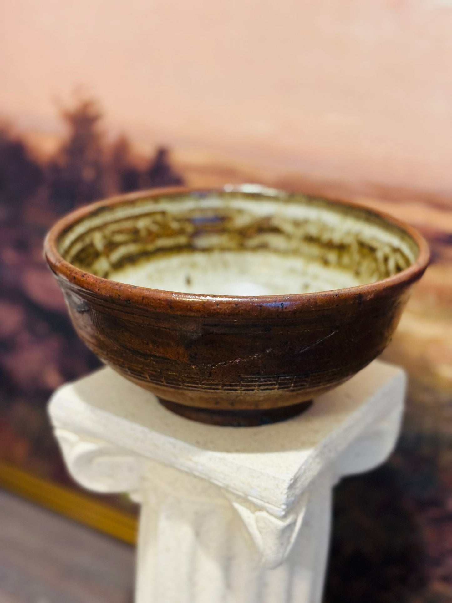 Brown glaze pottery pedestal bowl 8 w/d 4 h