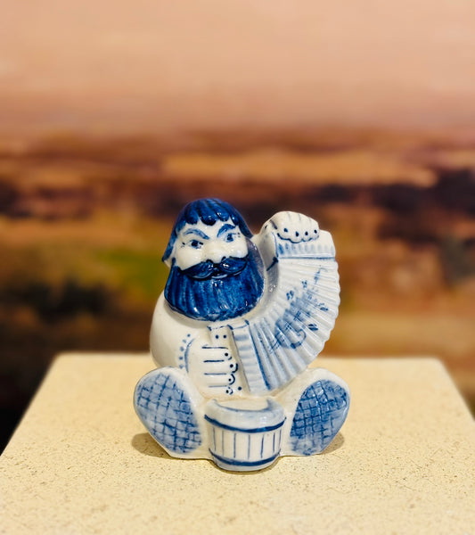 Gzhel hand painted russian man blue and white figurine accordion