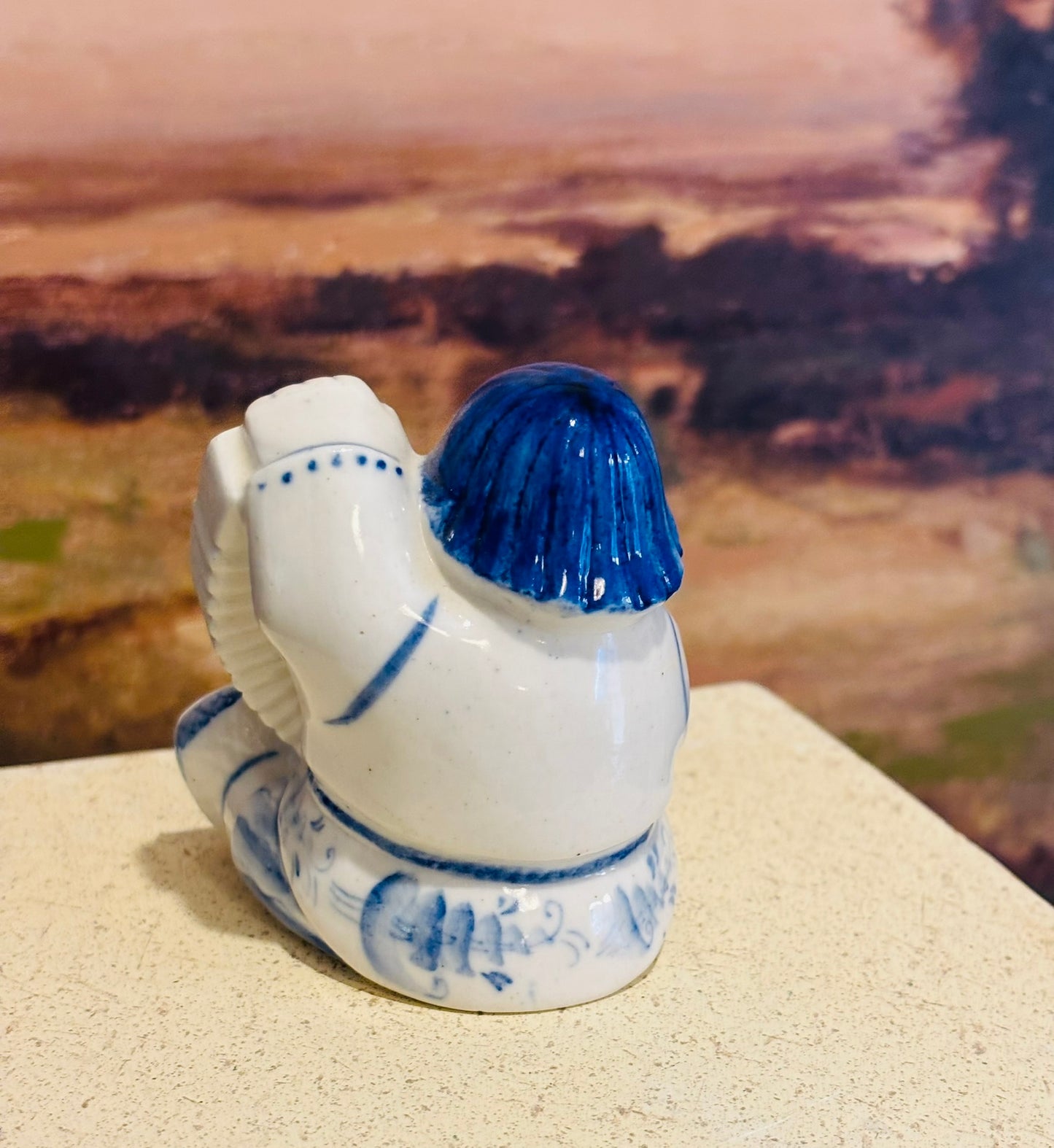 Gzhel hand painted russian man blue and white figurine accordion