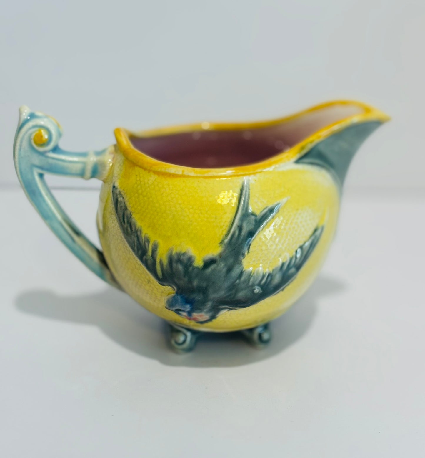 Yellow and green pottery small creamer 5 w x 3 h