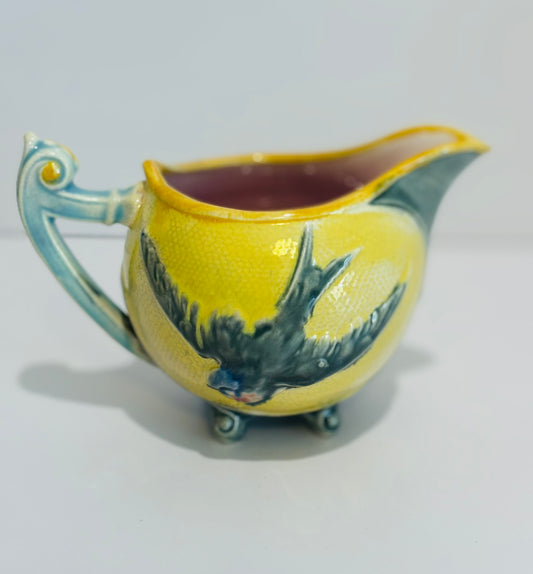 Yellow and green pottery small creamer 5 w x 3 h