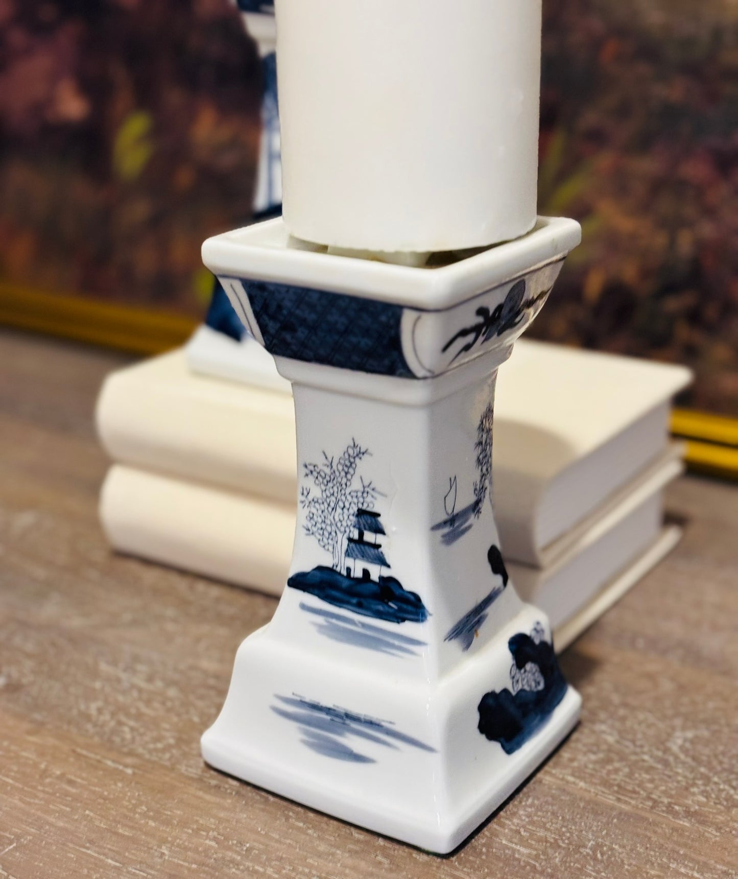 Pair of Navy blue and white Asian Candlesticks stamped 7 h 3.5 w