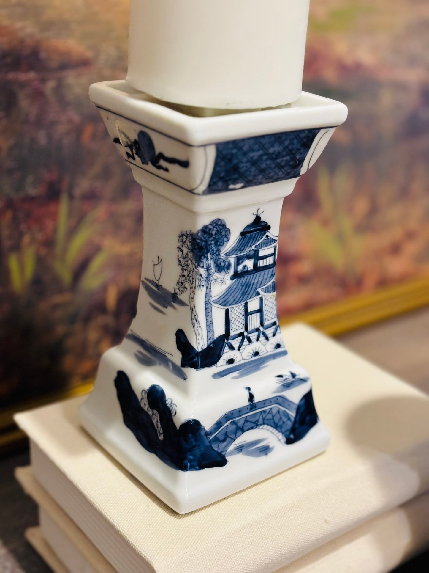 Pair of Navy blue and white Asian Candlesticks stamped 7 h 3.5 w