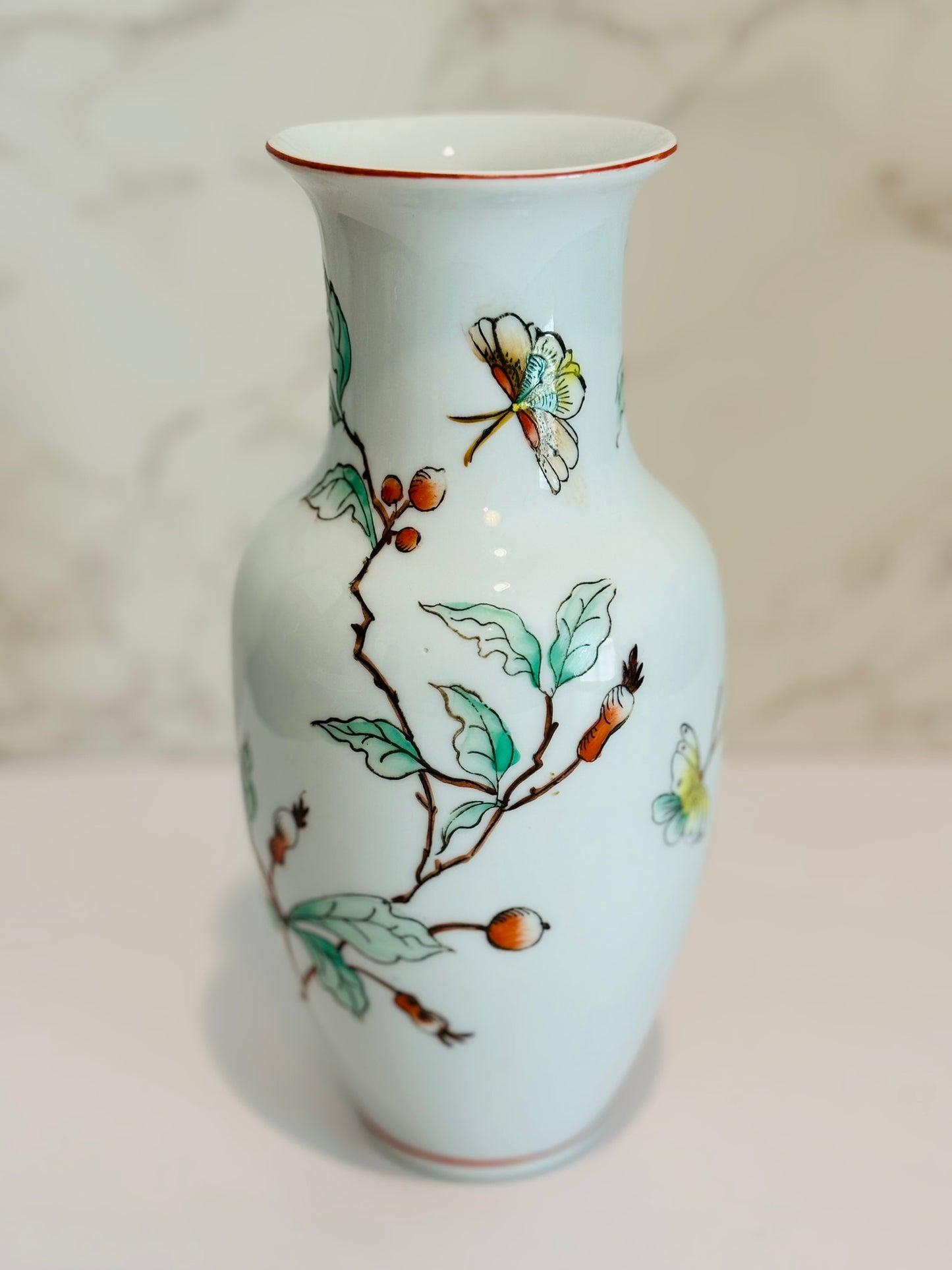 Vintage white vase with butterflies 9 h 4 w