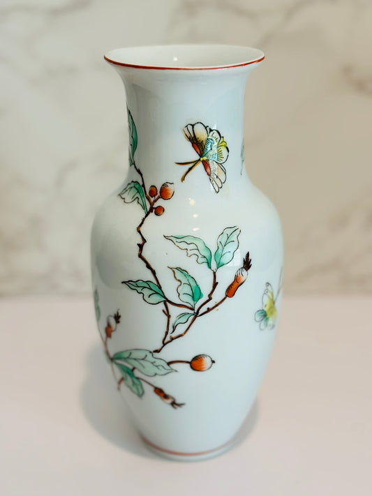Vintage white vase with butterflies 9 h 4 w