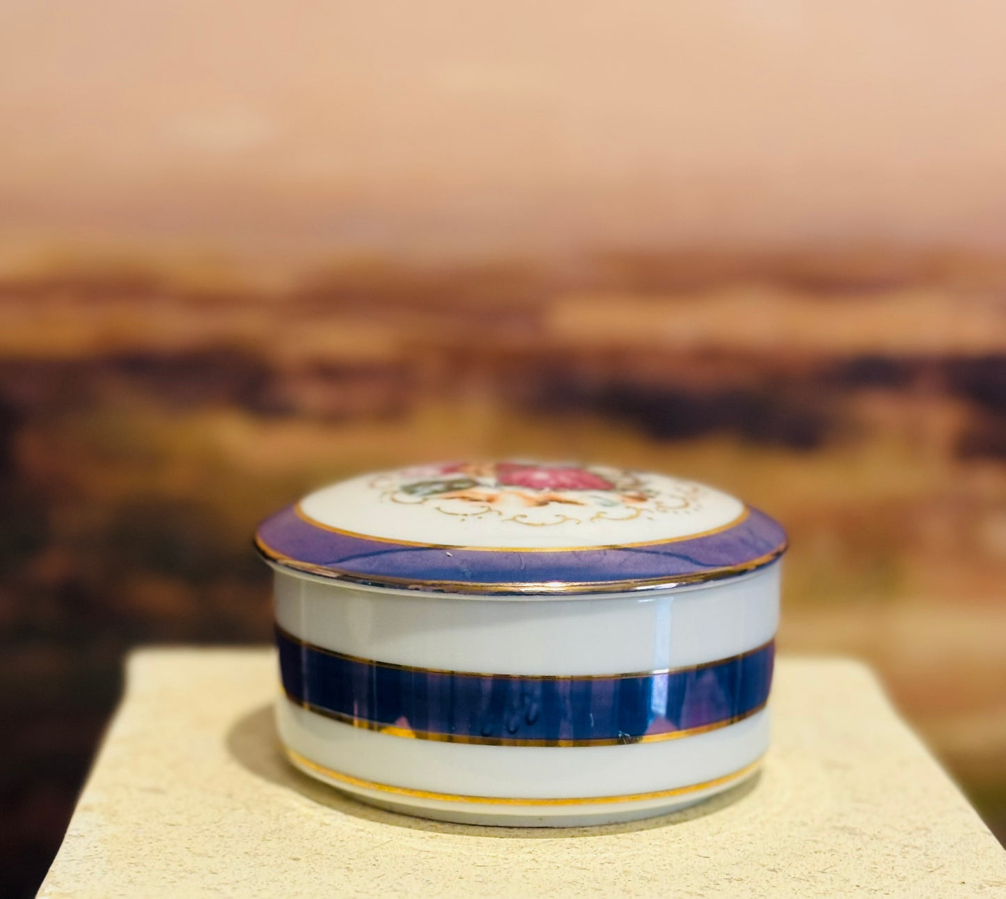 Blue and white trinket box with French Scene  4 w 1.5 h