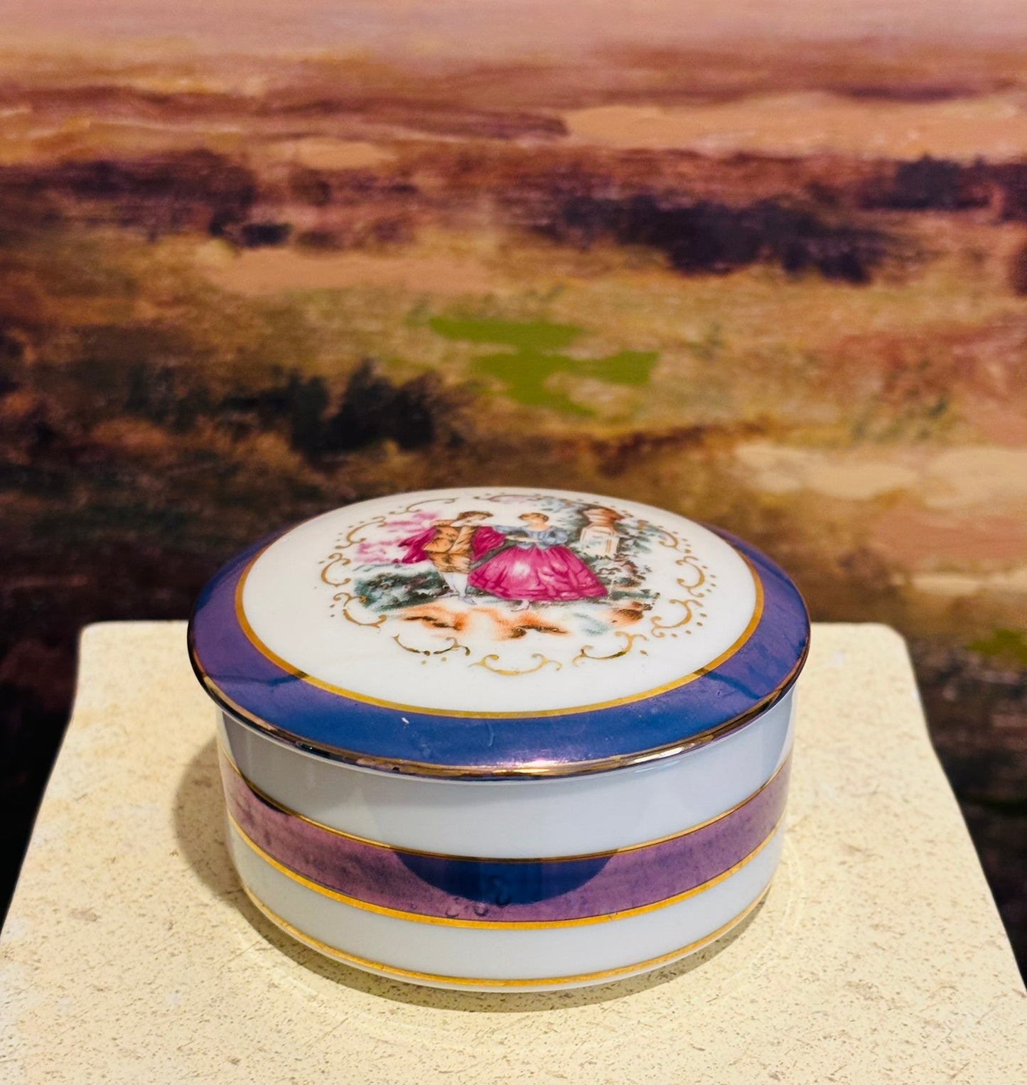 Blue and white trinket box with French Scene  4 w 1.5 h