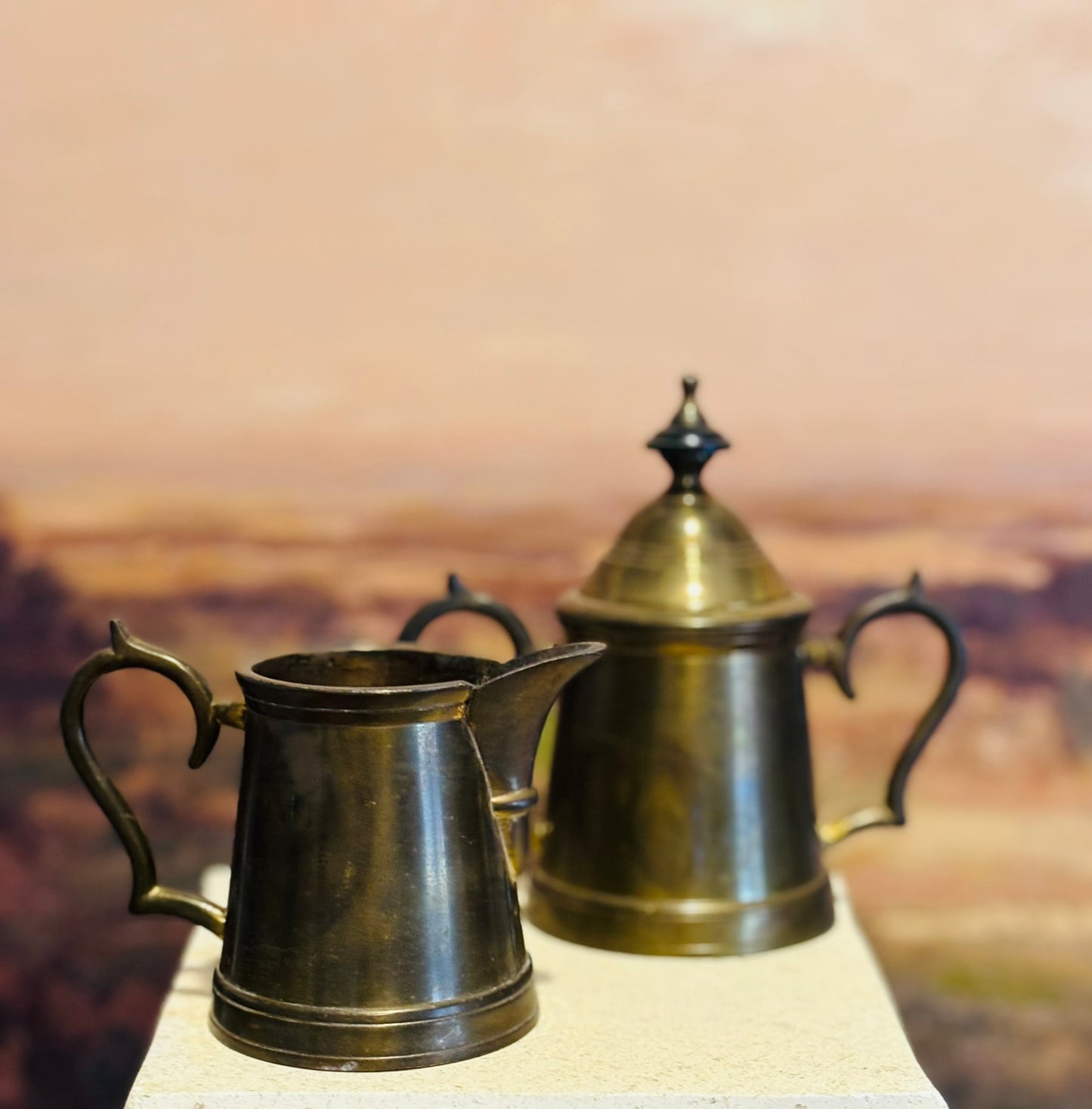 Vintage Brass Teapot set with sugar and creamer 9 h 7.5 w 3.5d pot, sugar 5 h 5 w 3 d, creamer 3 h 4 w 3 d