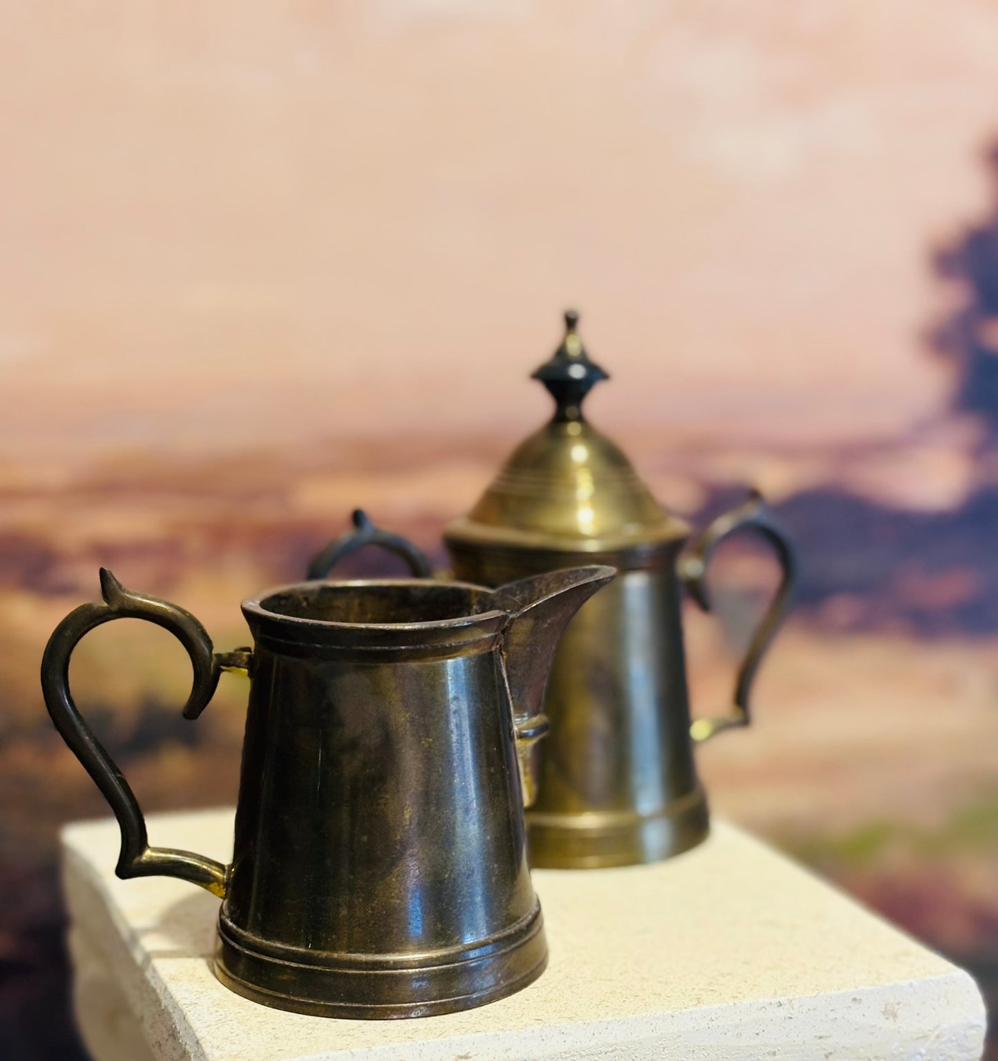 Vintage Brass Teapot set with sugar and creamer 9 h 7.5 w 3.5d pot, sugar 5 h 5 w 3 d, creamer 3 h 4 w 3 d