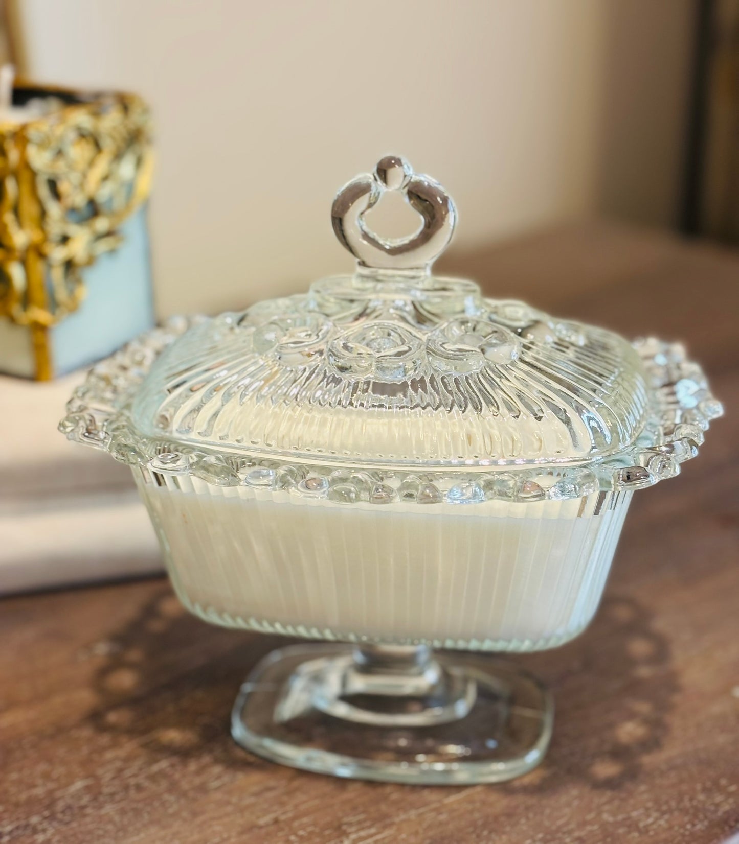 Hand poured Rectangle clear pedestal candle with lid  7 l 8 h 5 w/d