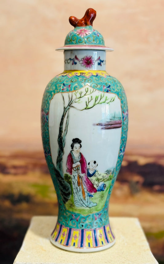 Mint green chinoiserie ginger jar 11 x 4.5