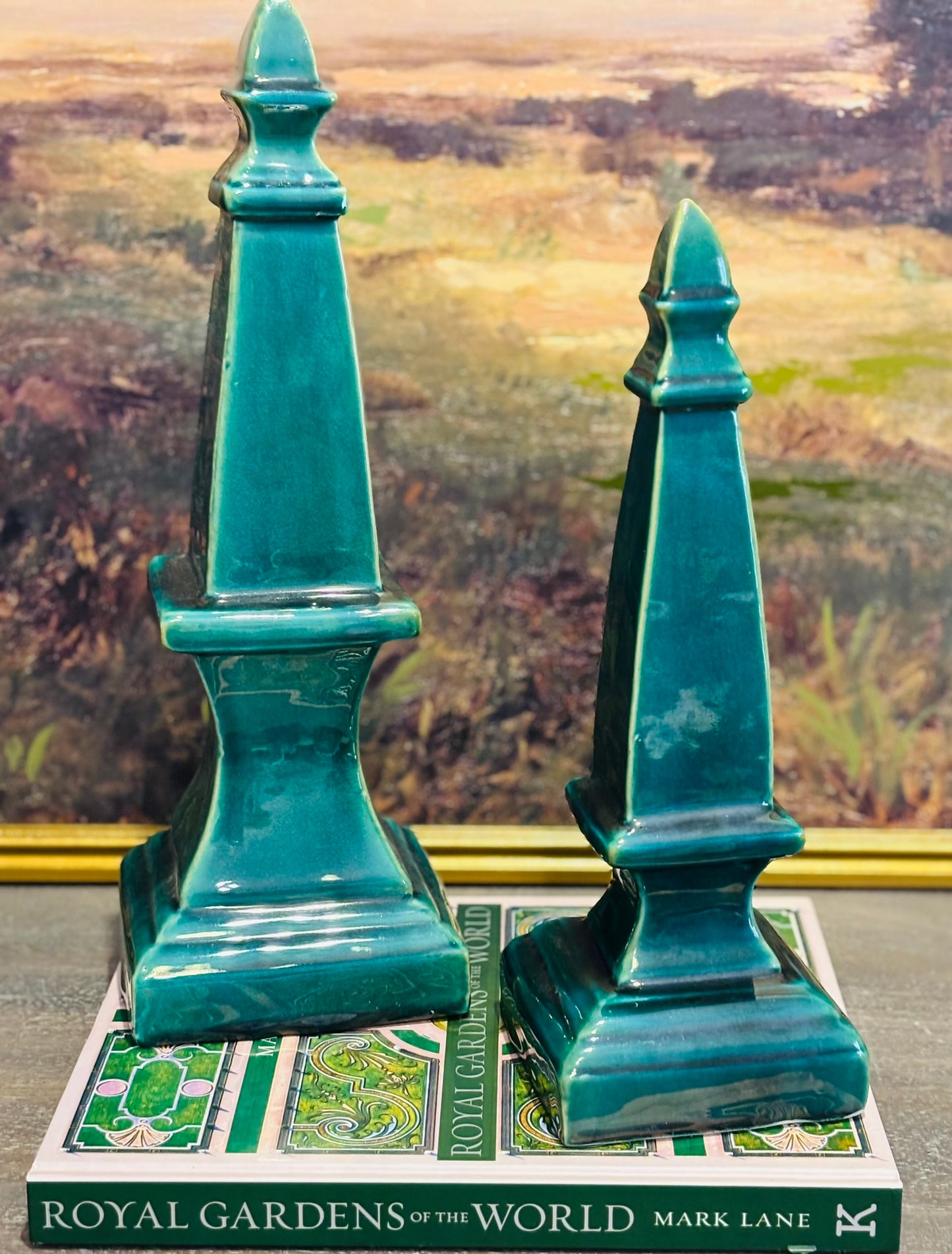 Pair of Green Obelisks small  4.5 x 13 h large  5 x 16 h